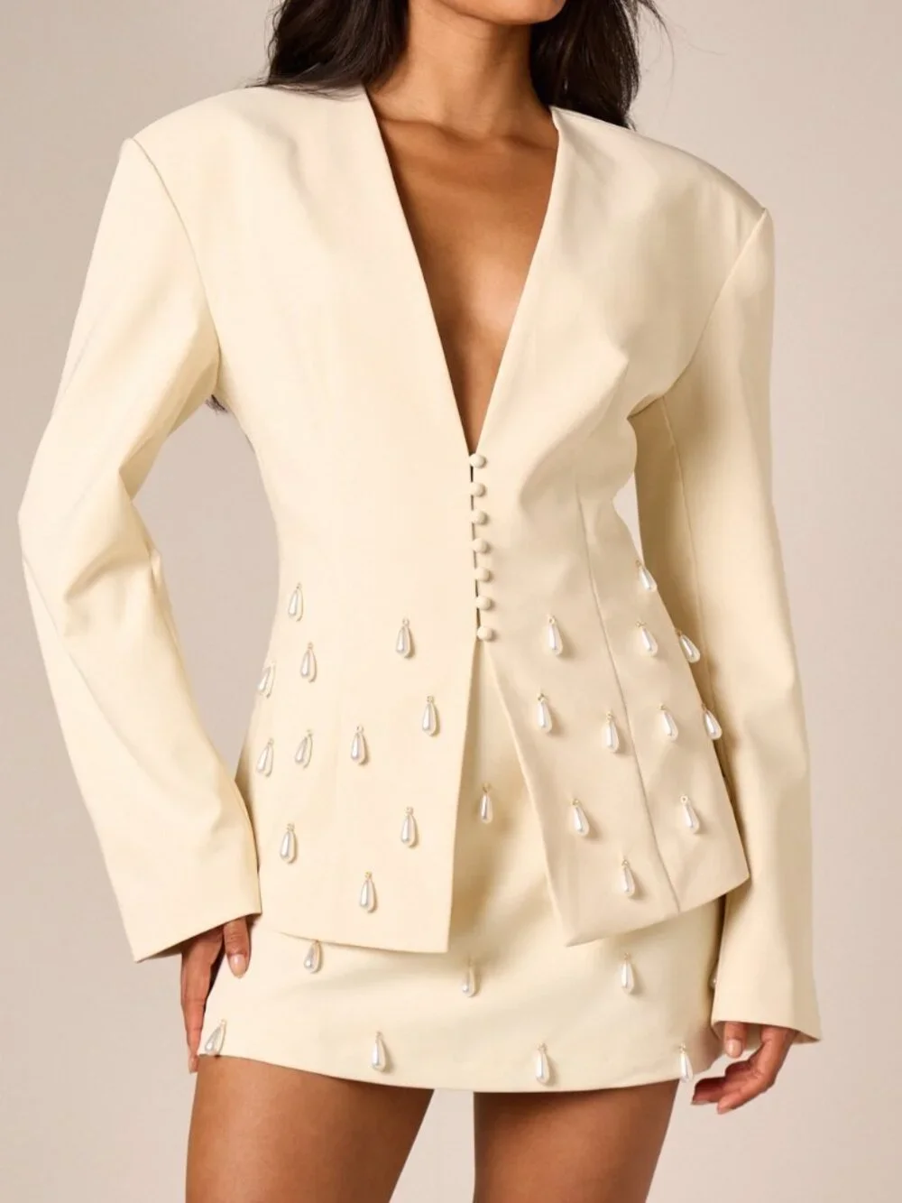 Beige Elegant Women's Pearl Drop Blazer with Deep V-Neck and Long Sleeve